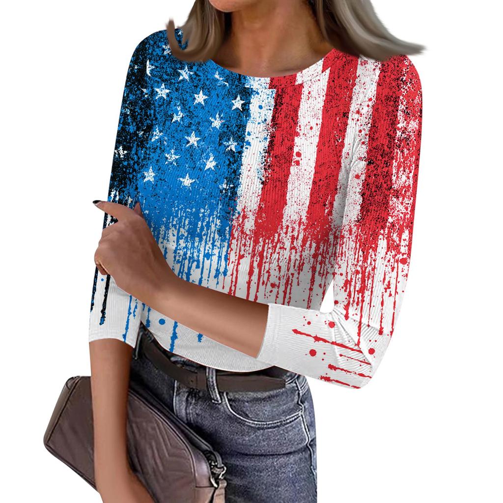 Women's Casual Fashion Round Neck Independence Day Print Three-Quarter Sleeve Ribbed Top