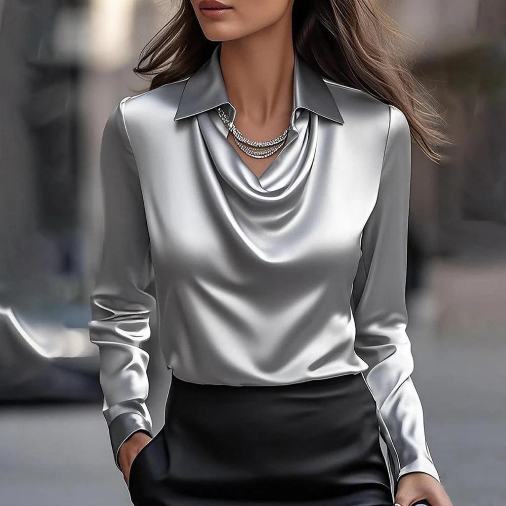 Elegant White Satin Pendant Collar T-shirt -100% Polyester Fiber, Suitable for Casual and Professional Wear, Comfortable All Season Long
