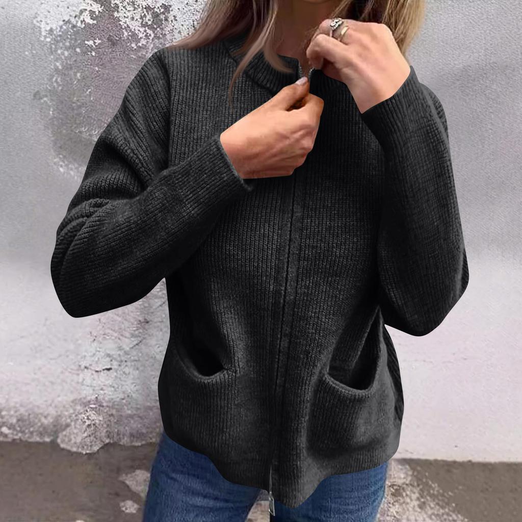 Women's Fashionable Solid Color Long Sleeved Stand Up Collar Zipper Loose Pocket Jacket Casual Jacket