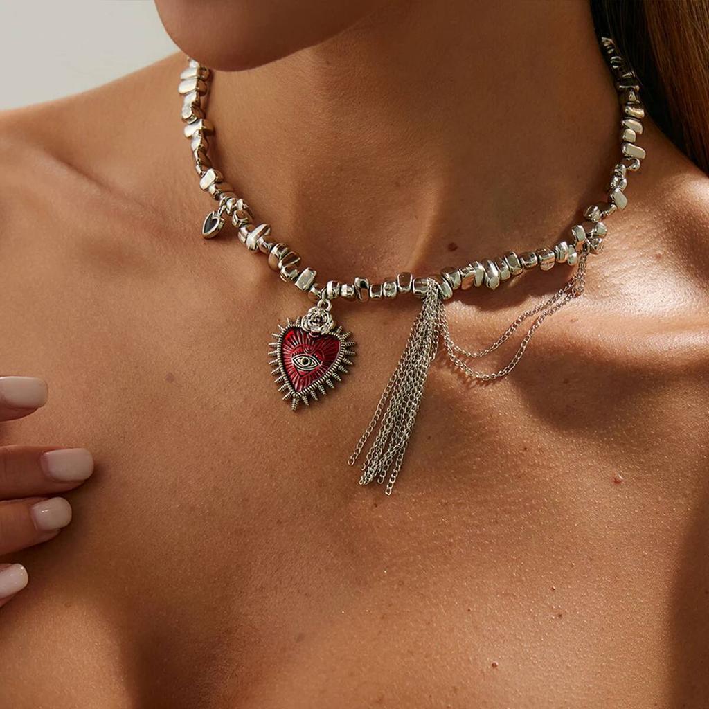 Salircon Gothic Love Heart Pendant Choker Necklace Women Trendy Irregular Geometric CCB Beaded Metal Tassel Chain Party Jewelry