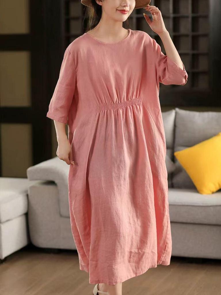 Johnature Rochie Vintage Monocromă pentru Femei cu Decolteu Rotund și Mânecă Scurtă, de Vară, Largă, cu Pliuri, Talie Înaltă