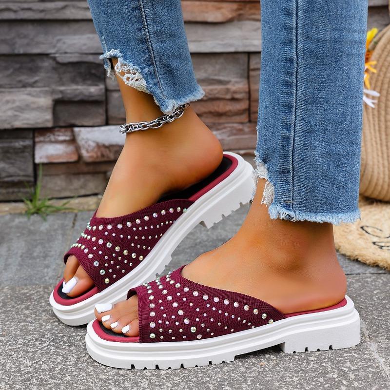 Fashion Ladies Slippers Summer Fashion Casual Mesh Comfortable Sequined Platform Waterproof Slippers Outdoor Flat Shoes. Plus Size43