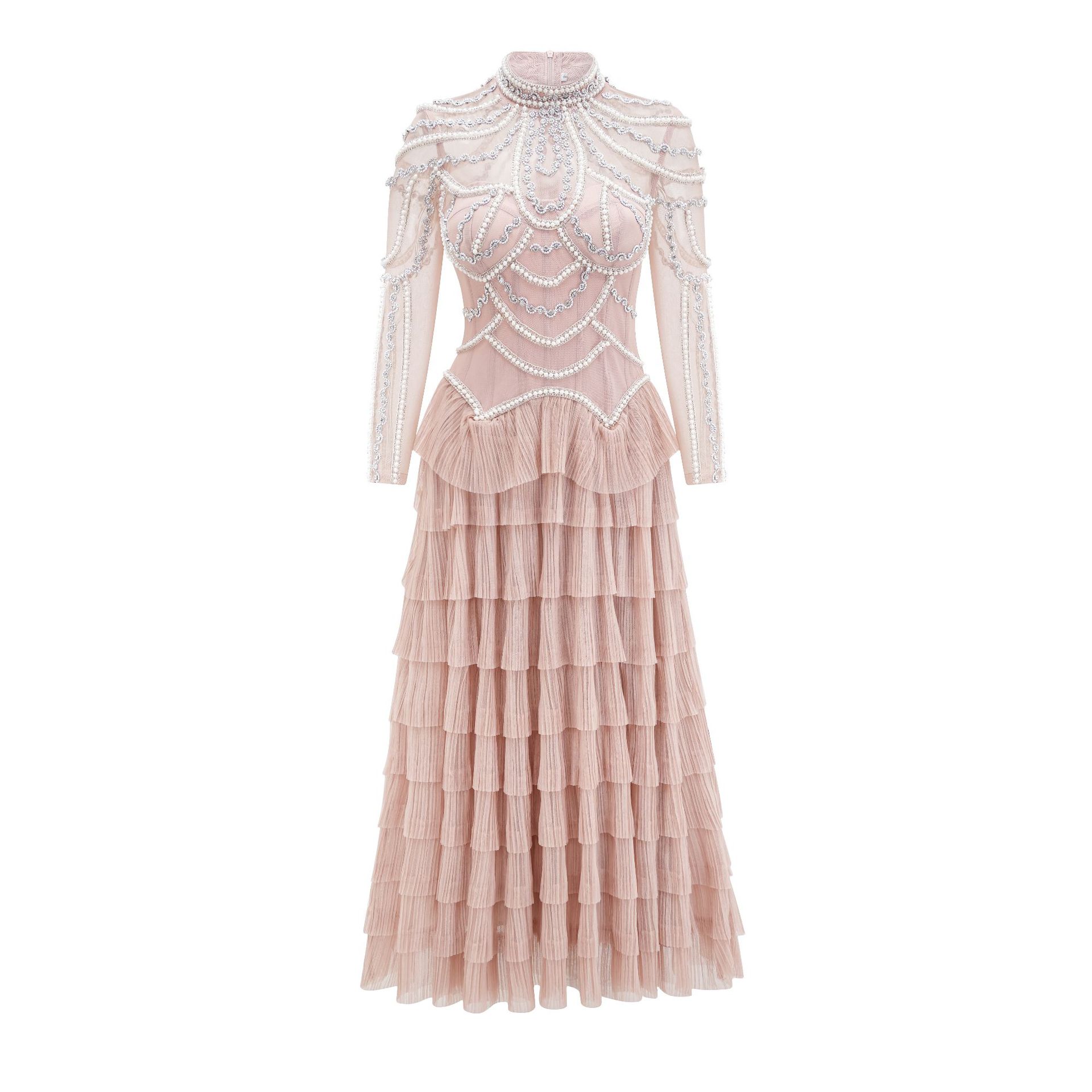 

Темпераментное элегантное платье с длинным рукавом, платье для банкета и вечеринки в стиле легкой роскоши, длинное платье подружки невесты XXL розовый