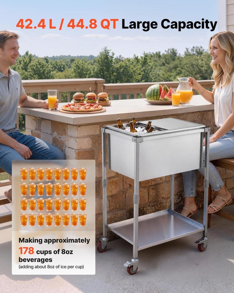 Chariot Glacière à Roulettes en Acier Inoxydable 42,4 L, Glacière Verticale d'Extérieur sur Roues, Couvercle Coulissant, Étagère, pour Terrasse Jardin