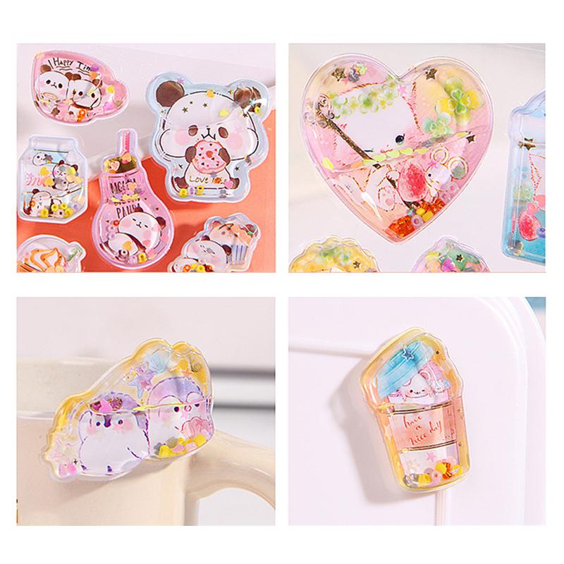 Mr. Paper 6-Style Cartoon 3D Shaker Stickers - Liquid-Filled Decals, Cute Journal Decor, Kindergarten Reward Stickers DIY Cups