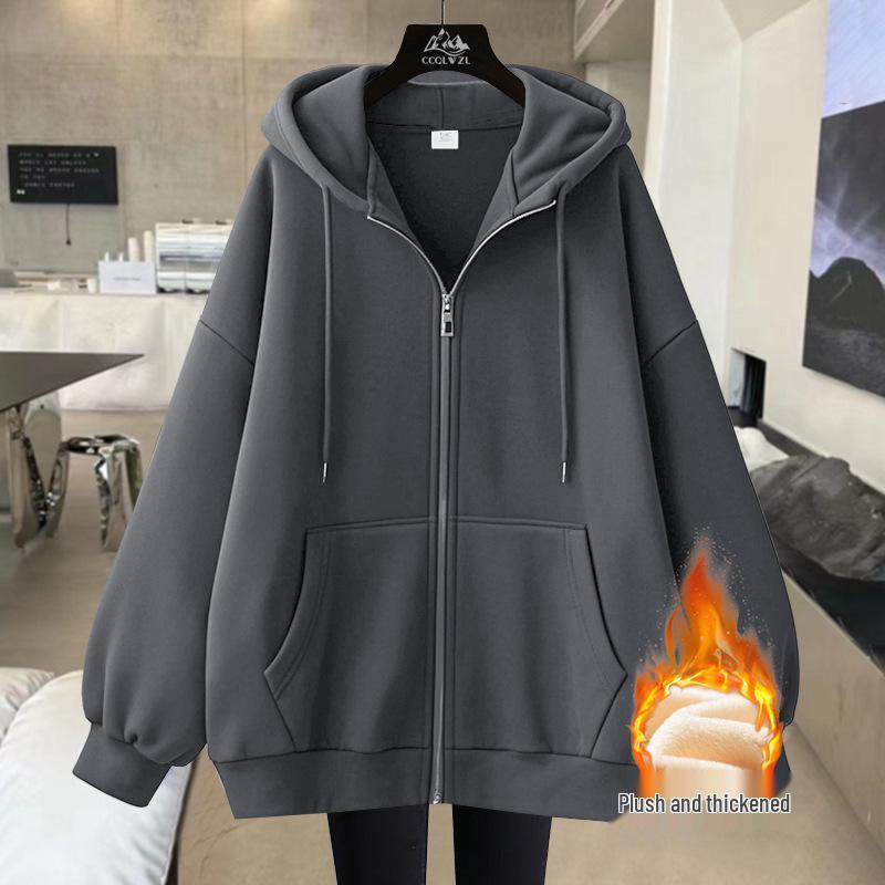 Fleece-Lined Cardigan Hoodie for Autumn/Winter - Loose Fit Sporty Style with Zipper