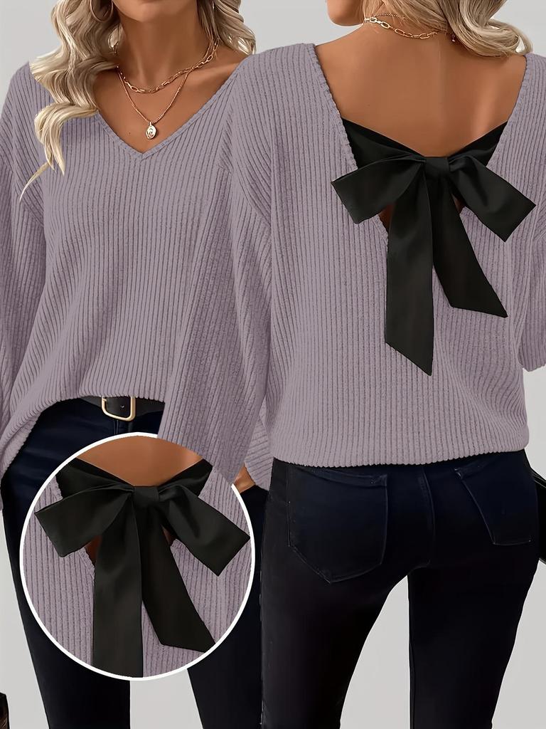 New Autumn Women's V-Neck Solid Sweater with Long Sleeves and Loose Bow Detail