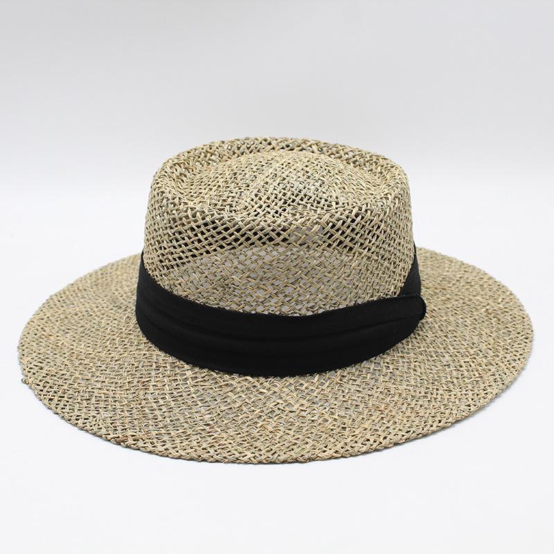 Big Eaves Hat Children Summer Travel Beach Hat Seaside British Flat Top Salty Grass Hollow Sunshade Sun Protection Straw Hat