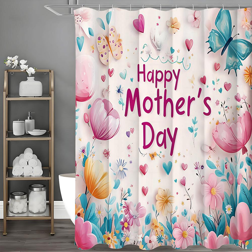 Happy Mother's Day Colorful Floral Butterfly Shower Curtain, Bathroom Decorative Shower Curtain, Waterproof Shower Curtain with