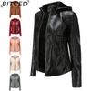 BITCED Plus Size Fleece-Lined Women's Leather Jacket with Hood Autumn/Winter Short Coat Warm Casual Jacket