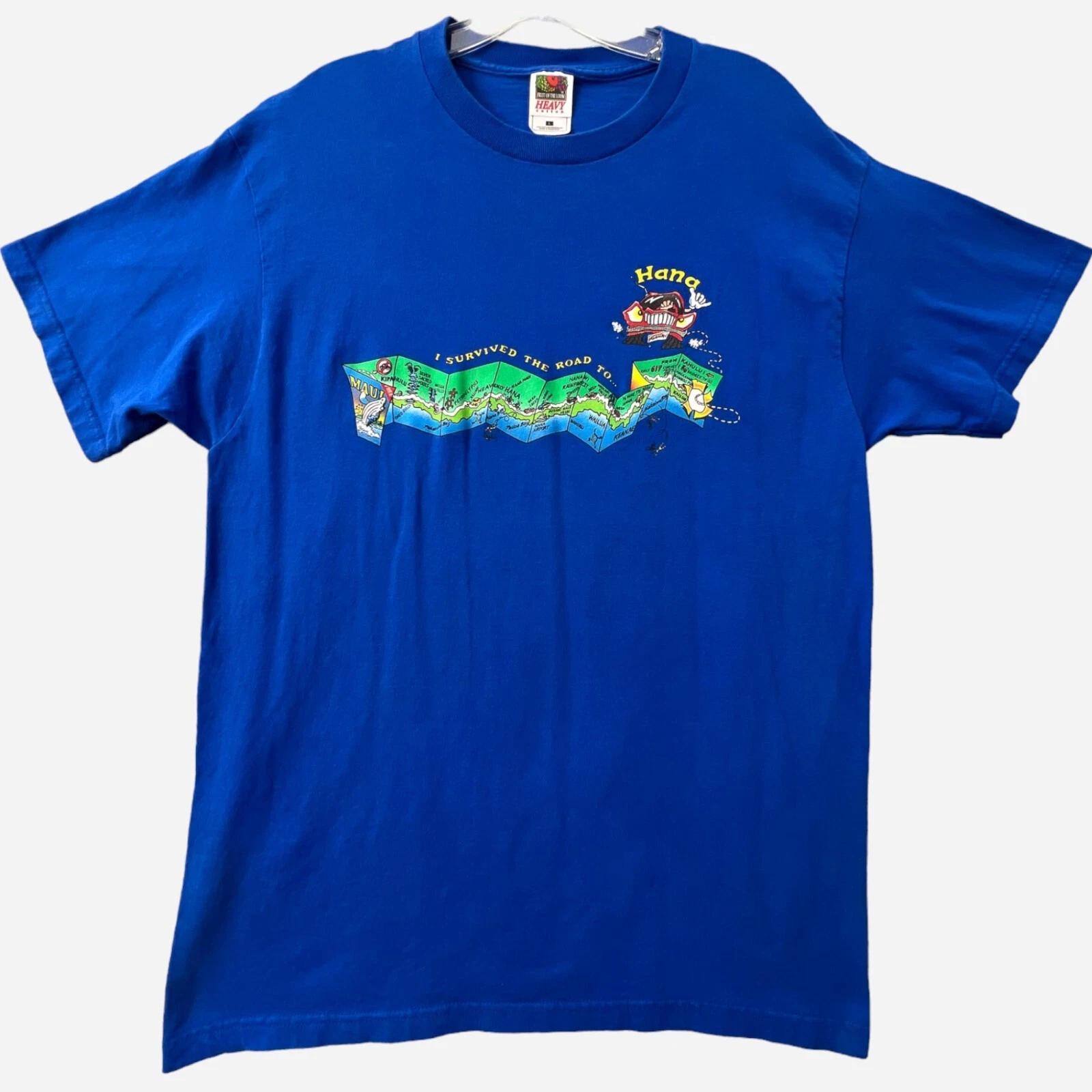 

Vintage 90s Maui Hawaii T Shirt Mens Large Blue I Survived the Road To Hana Tee S