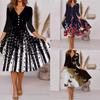 Women's Clothing, Personalized Multi-color Positioning Printed Button V-neck Seven-quarter Sleeve Dress