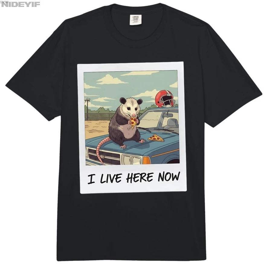 I Live Here Now Funny Opossum Pizza Football Retro Tshirt For Men Women 100 Cotton T Shirts Short Sleeve Tops 04031