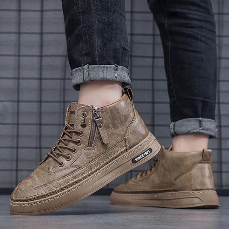 Fashion Men Leather Casual Shoes 2024 Spring High Top Platform Leather Boots Short Lace Up Fur Warm Ankle Boots Men Tooling Shoes Botas