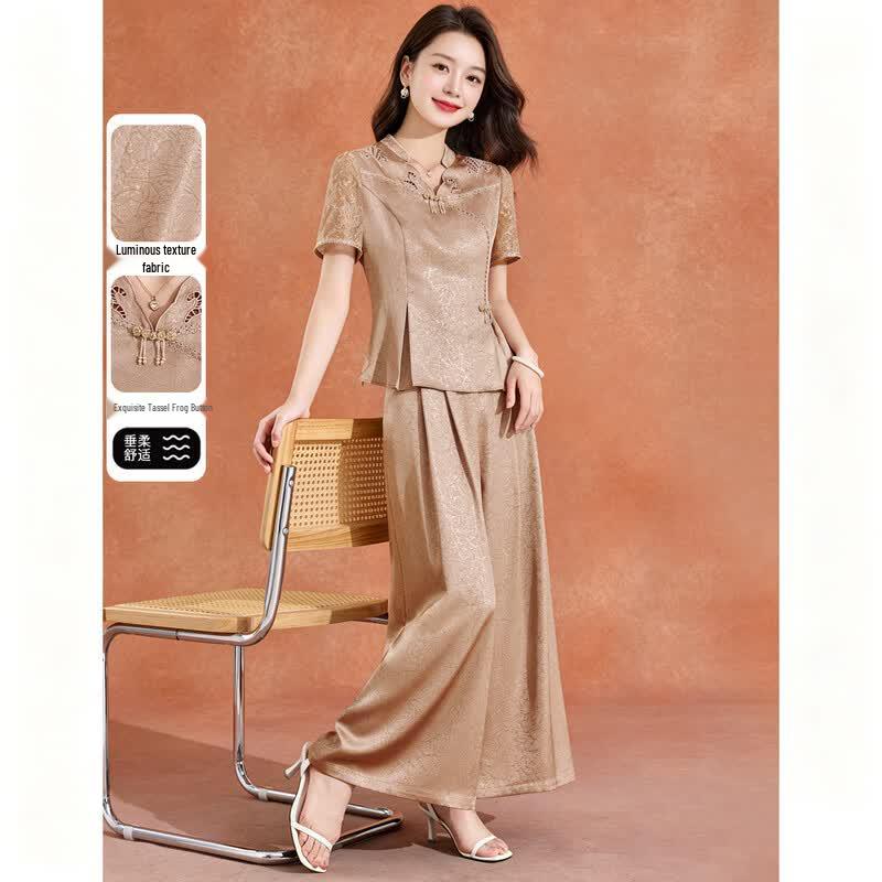 MeiLanNi Pearlescent Draped Wide-Leg Suit Set L