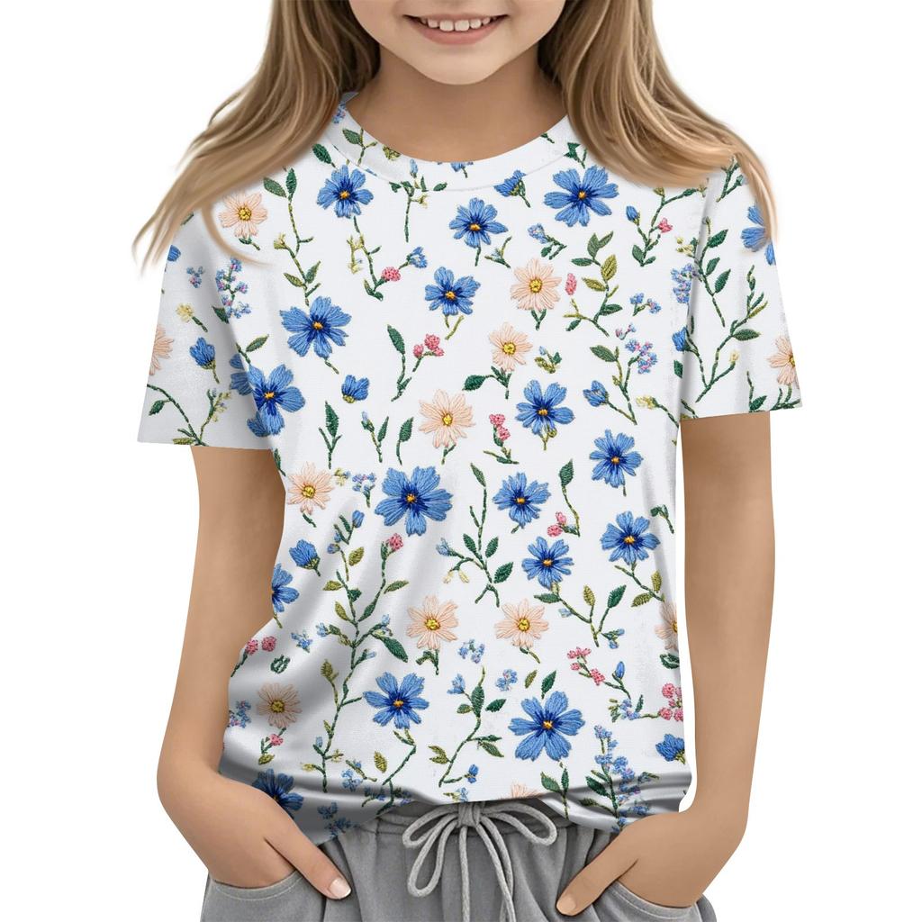 Summer Round Neck 3D Floral Printed Top Fashionable Casual Short Sleeved Children's Girl T-shirts