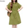 Vestido feminino casual gola virada para baixo verão manga curta
