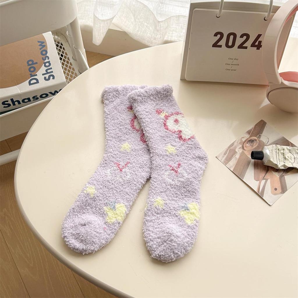 Women's Plus Velvet Thickened Coral Fleece Mid-Calf Home and Sleep Socks - Cute and Plush Cartoon Design for Autumn and Winter