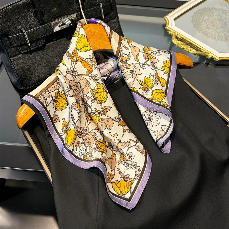 53cm Square Scarf 100% Pure Real Silk Scarves for Women Foulard Fashion 2025 Floral Brand Print Shawls Hijab Bandana Headband