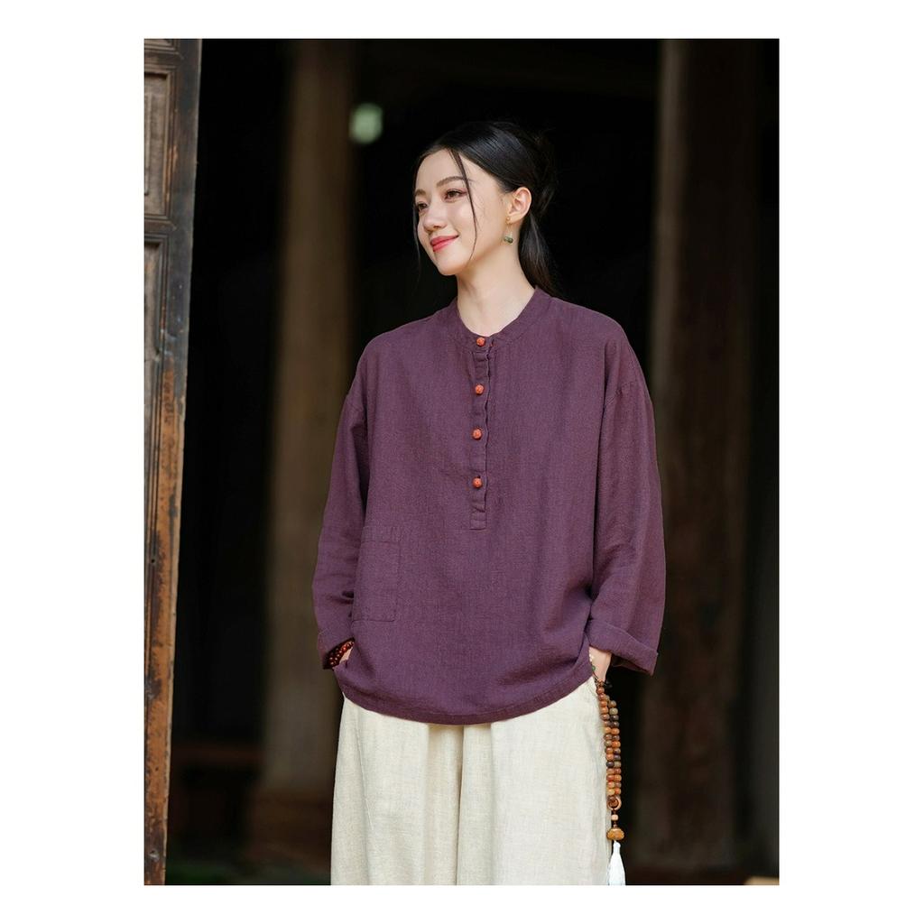 Autumn Cotton and Linen Women's Linen Stand-up Collar Color Matching Plate Buckle Pullover Plus Size Blouse Women's Cotton and Linen Shirt