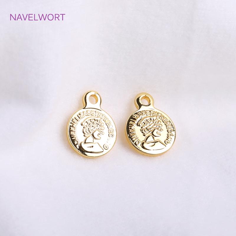 8mm 14K Gold Plated Tiny Coin Charms With Queen Avatarm,Brass Metal Round Coin Charms For Bracelet Making Accessories Wholesale