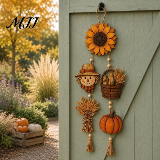 Harvest Atmosphere Wall Hanging Autumn Wooden Sign, Rustic Farmhouse Door Sign with Tassels and Wood Beads, Seasonal Indoor Outdoor Fall Porch