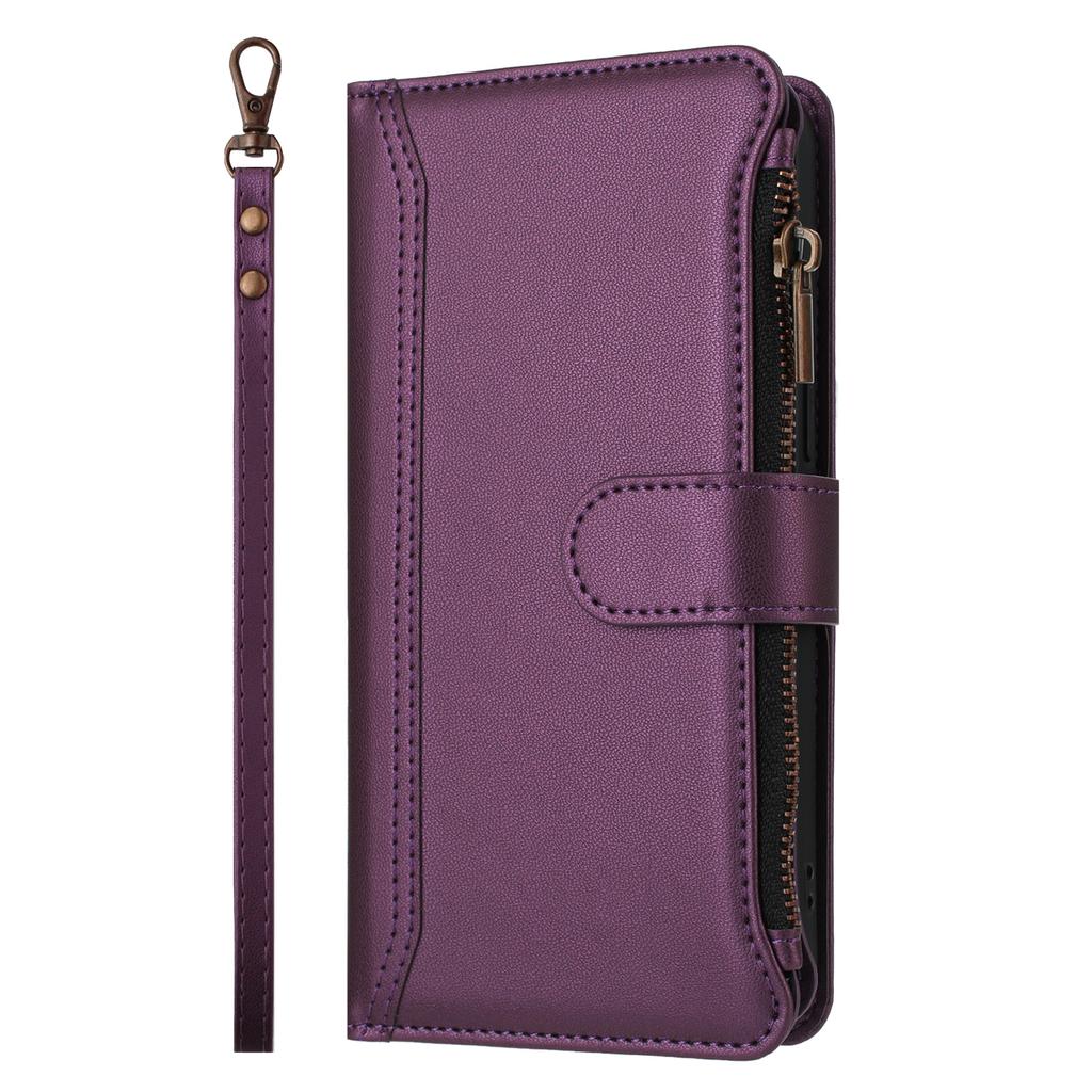 For iPhone 15 Pro Leather Case 9 Card Slots Zipper Wallet Stand Phone Cover with Wrist Strap