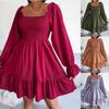 2026 Spring and Summer European and American Square Collar Trumpet Long-sleeved Ruffled Skirt