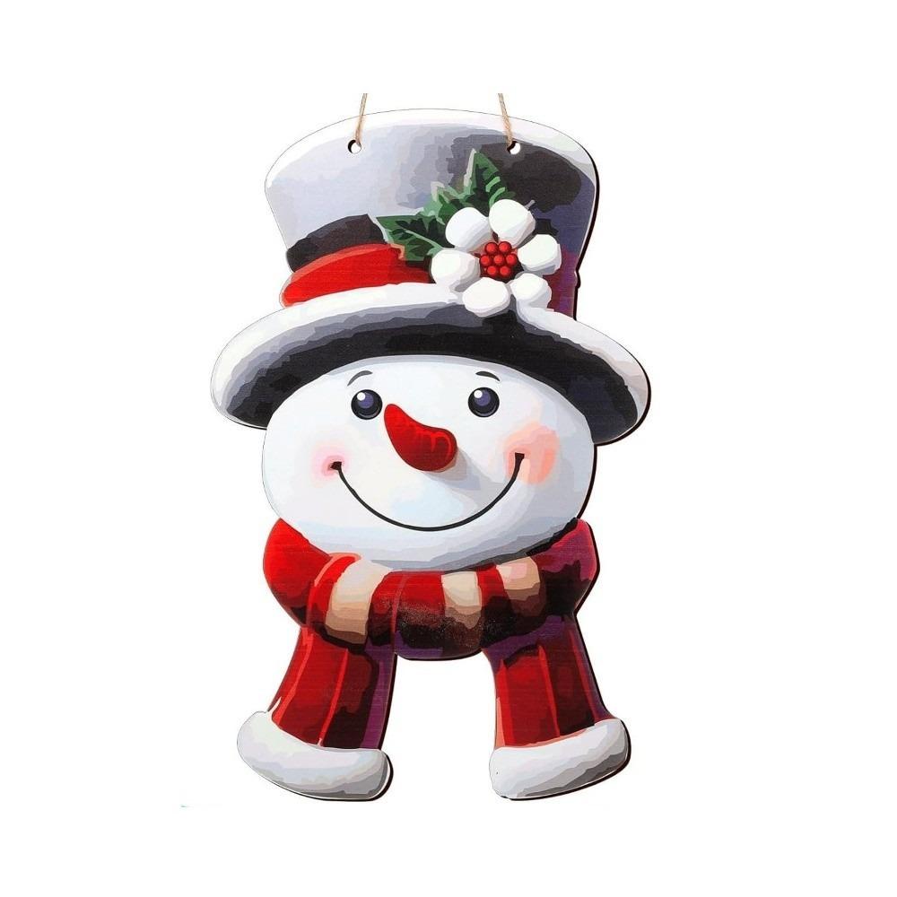 Wooden Snowman Decoration 2D Flat Design Ornaments Christmas Hanging Plate Rural Style Flower Wreath Door Decoration Outdoor Use