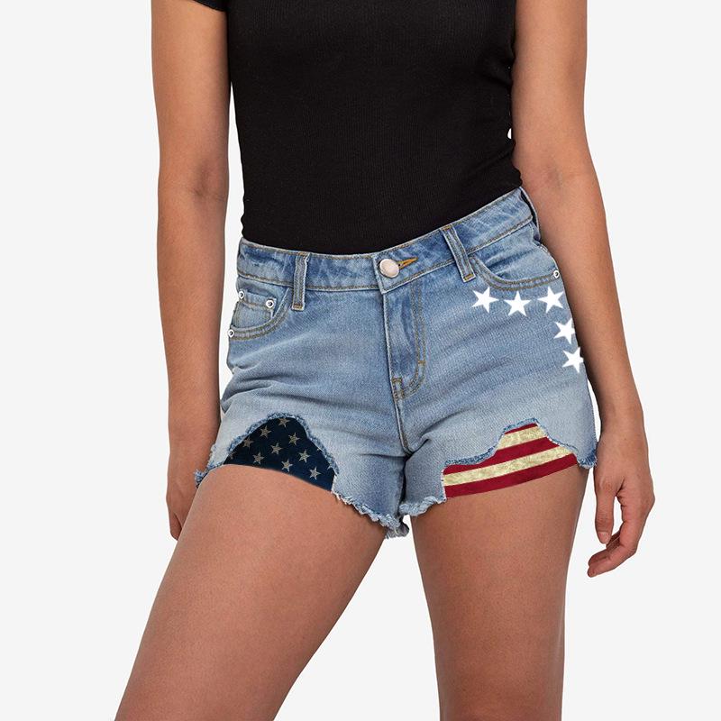 Trendy Women s Ripped Fringe Print Denim Shorts XXXL