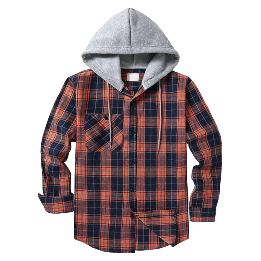 Men's Plaid Shirt Hooded Button Sweatshirt Men's Casual Fashion Sweatshirt