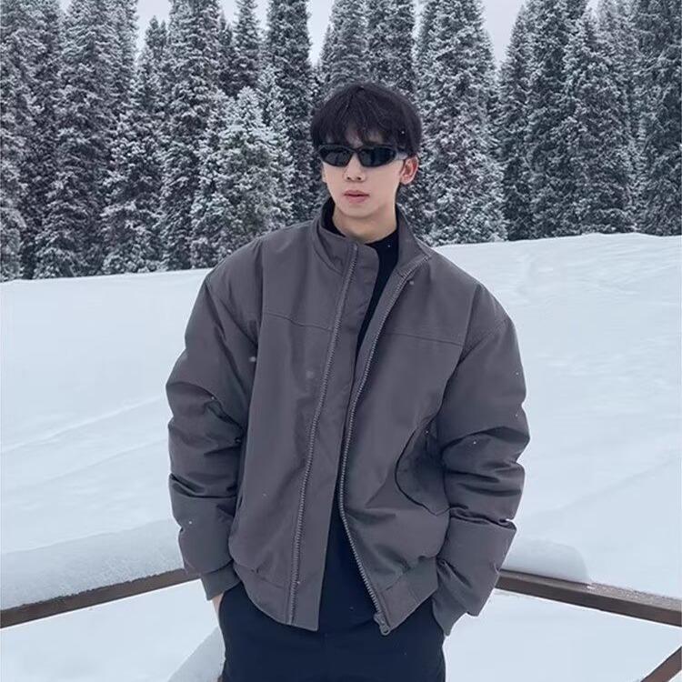 Men s Trendy American Style Windproof Quilted Winter Jacket with Stand Collar XL