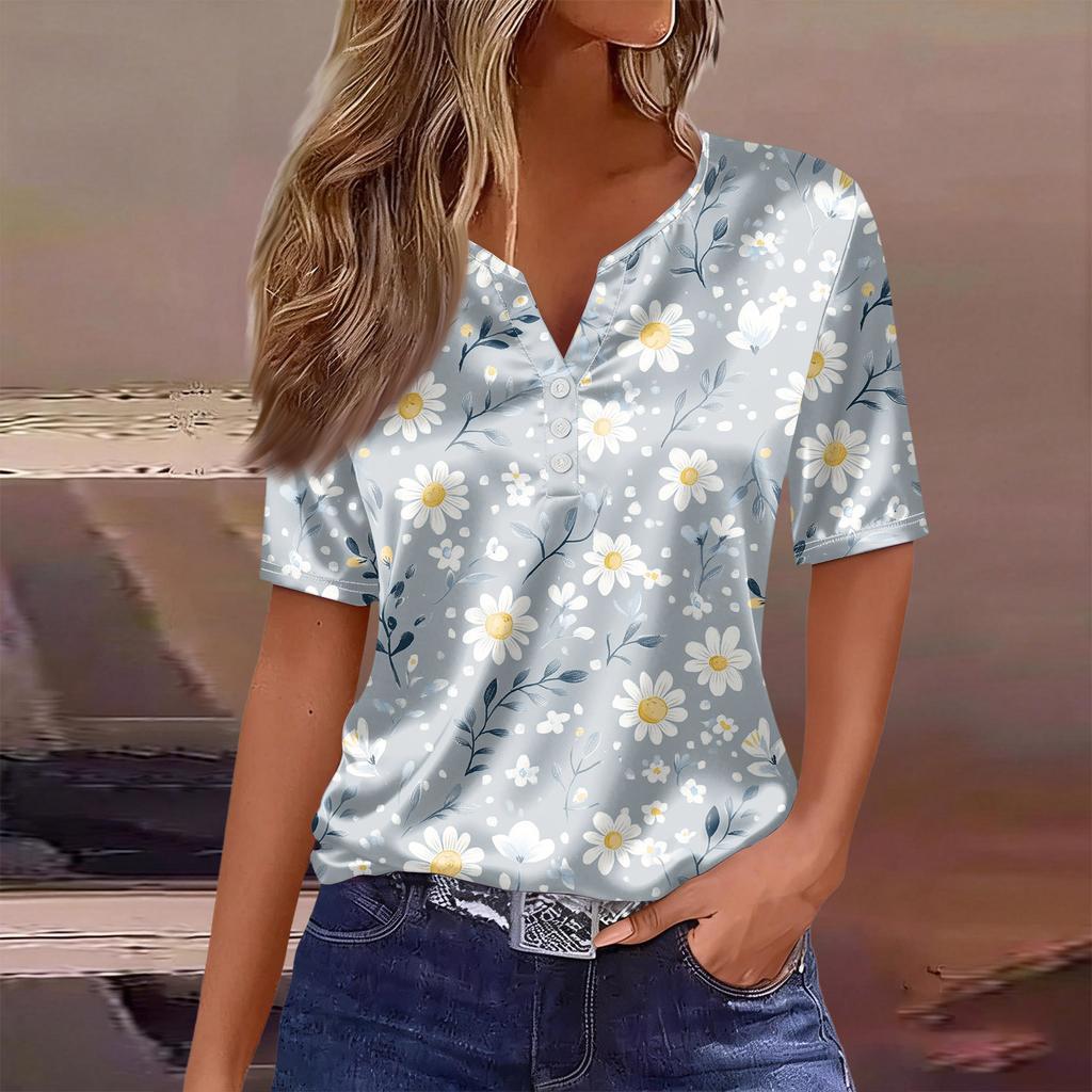 Women's Fashion Casual Retro Print  Collar Short Sleeve Button T-Shirt Top