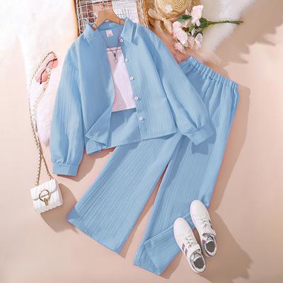 Kids Clothes Sets 4-12 Years Girls Striped Long Sleeve Chemise Casual Loose Straight Leg Pants Shirt Suit 2Pcs Set