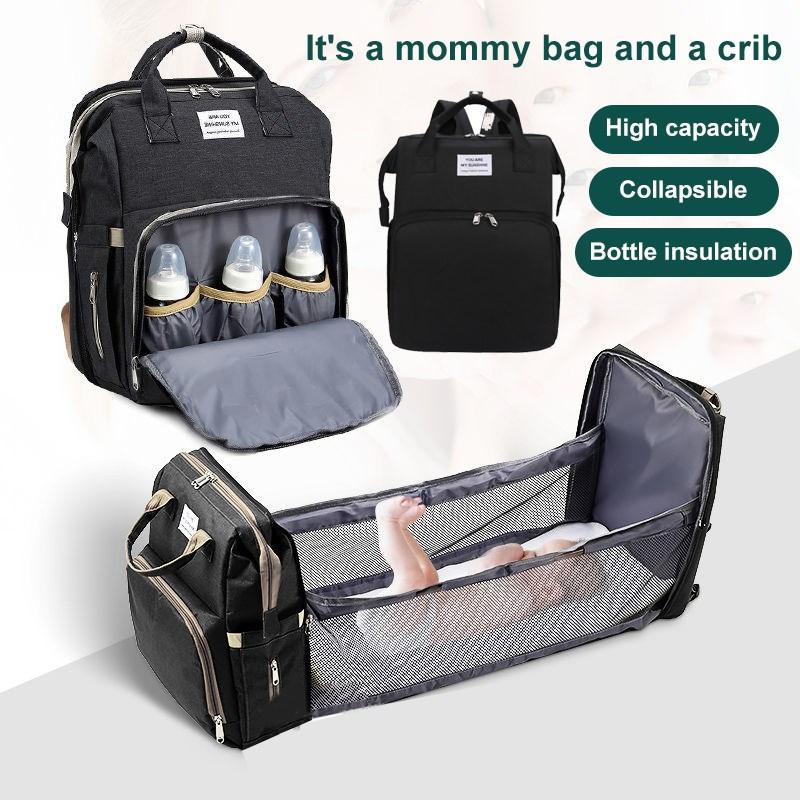 

Waterproof Mummy Bag Folding Baby Crib Large Capacity Maternity Bag Baby Bed Backpack Black