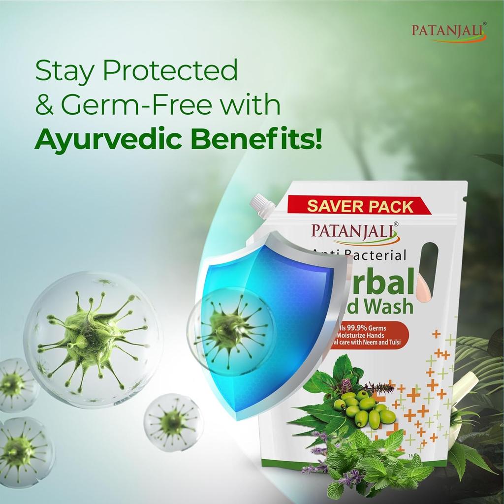Patanjali Herbal Hand Wash Anti-Bacterial 1.5 L Refill Family Pack Gentle Moisturizing Hand Soap