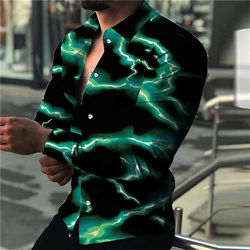 Men's Long-sleeved Shirt with Trendy Purple Lightning Flash Print Design, Stylish and Casual Open-front Top, Sizes