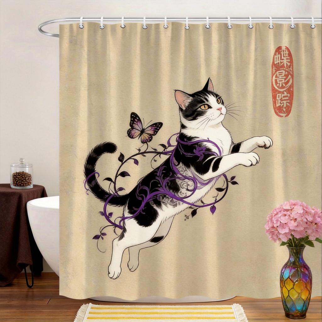 Ukiyo-E Cat Shower Curtain 180X180Cm – Black White Striped Cat With Dragon, Edo Period Art Bathroom Decor, 12 Hooks