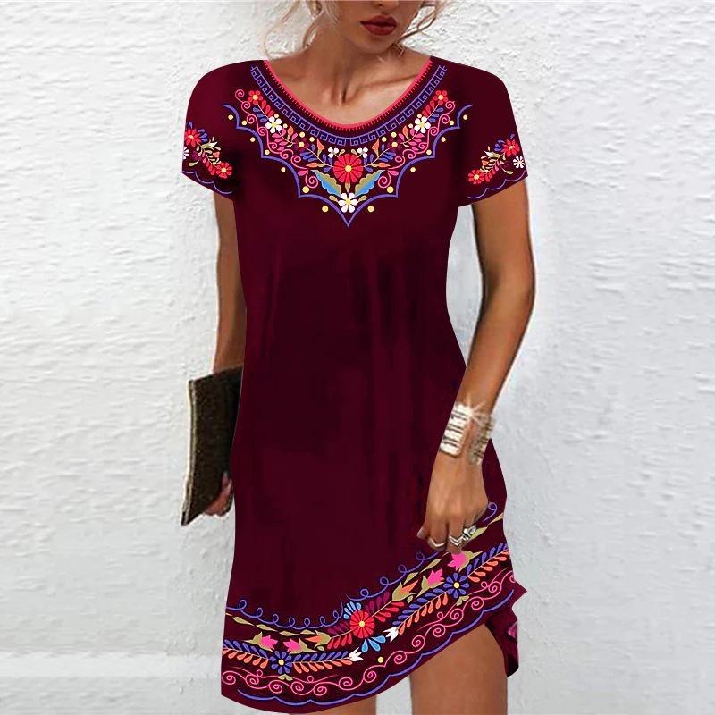 Fashion Women's Dress Summer Short Sleeve Casual Printed Party Dresses Loose Round Neck Pullover Elegant Dress