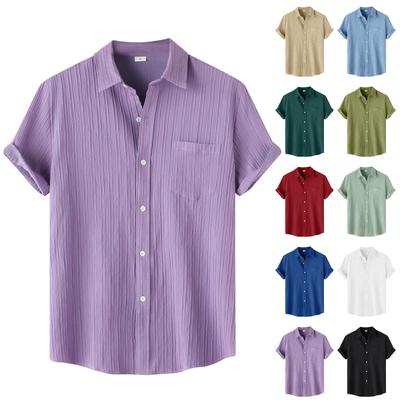 Men's Casual Single Pocket Striped Solid Color Short Sleeve Single Breasted Lapel Shirt