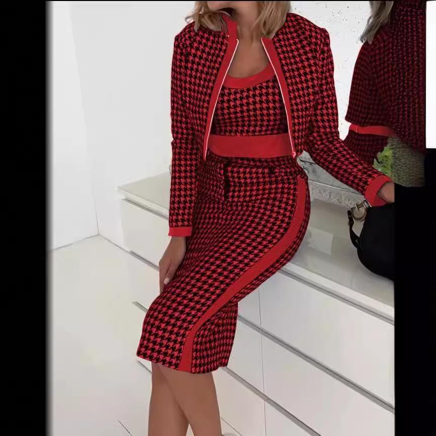 Elegantní dámská třídílná sada slim fit: Tištěná vesta s dlouhým rukávem a sukně