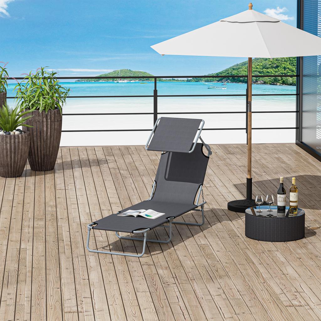 Foldable Sun Lounger, Garden Lounger with Sunshade, Beach Lounger, with 4-position Adjustable Backrest,  Suitable for Garden, Balcony and Pool, Gray
