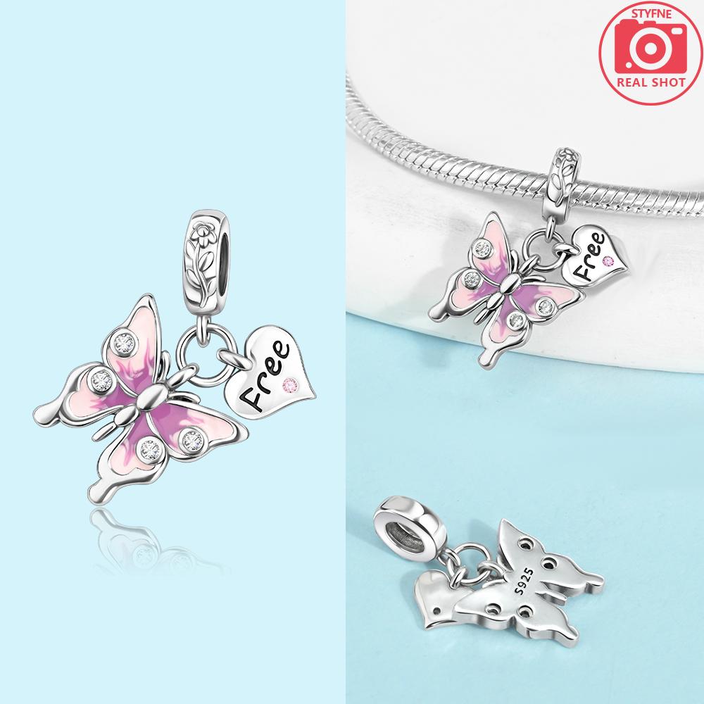 Original Luminous Firefly Wings Butterfly Pink Zircon Beads Charms Fit Copper Bracelet Women Diy Festival Gift Jewelry