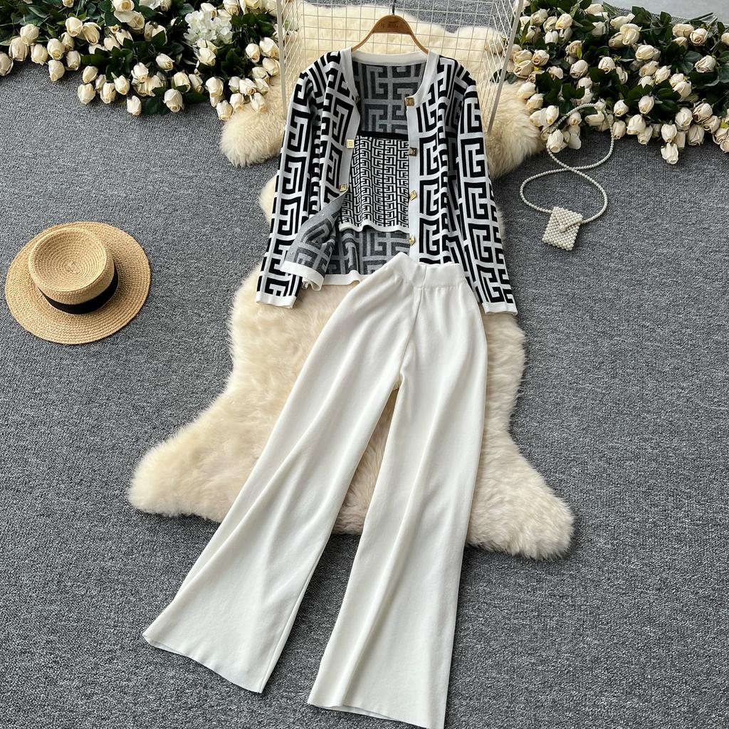 Autumn Winter Vintage Designer Print Knitted Sweater Pant 3 Piece Set Women Tracksuit Long Sleeve Cardigans Vest Ankle Length Trousers Outfits