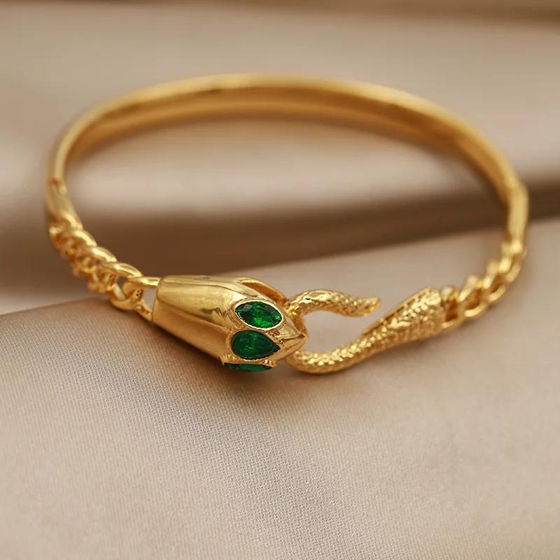 FYSARA Green Eye Snake Shape Desgin Stainless Steel Bracelet  Clasp Titanium Steel Bangle for Women Geometric Zircon Gifts