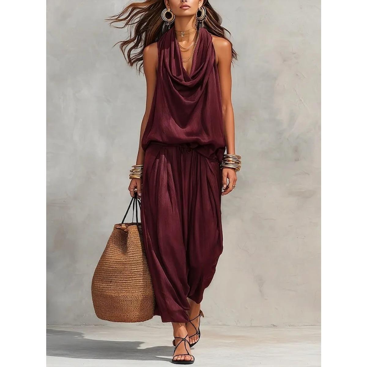 Women s Sleeveless Cowl Neck Draped Solid Color Loose Top Drawstring Waist Wide Leg Pants Two Piece Casual Vacation Outfit Set S бордовый