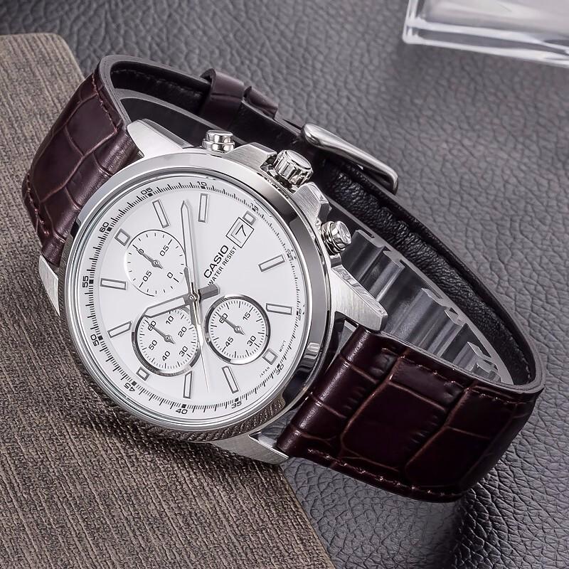 Casio Three-eye Design Waterproof Hands Simple Quartz Movement Leather Strap Japanese and Korean Watch Men's Watch White Dial MTH-5001L-7APF
