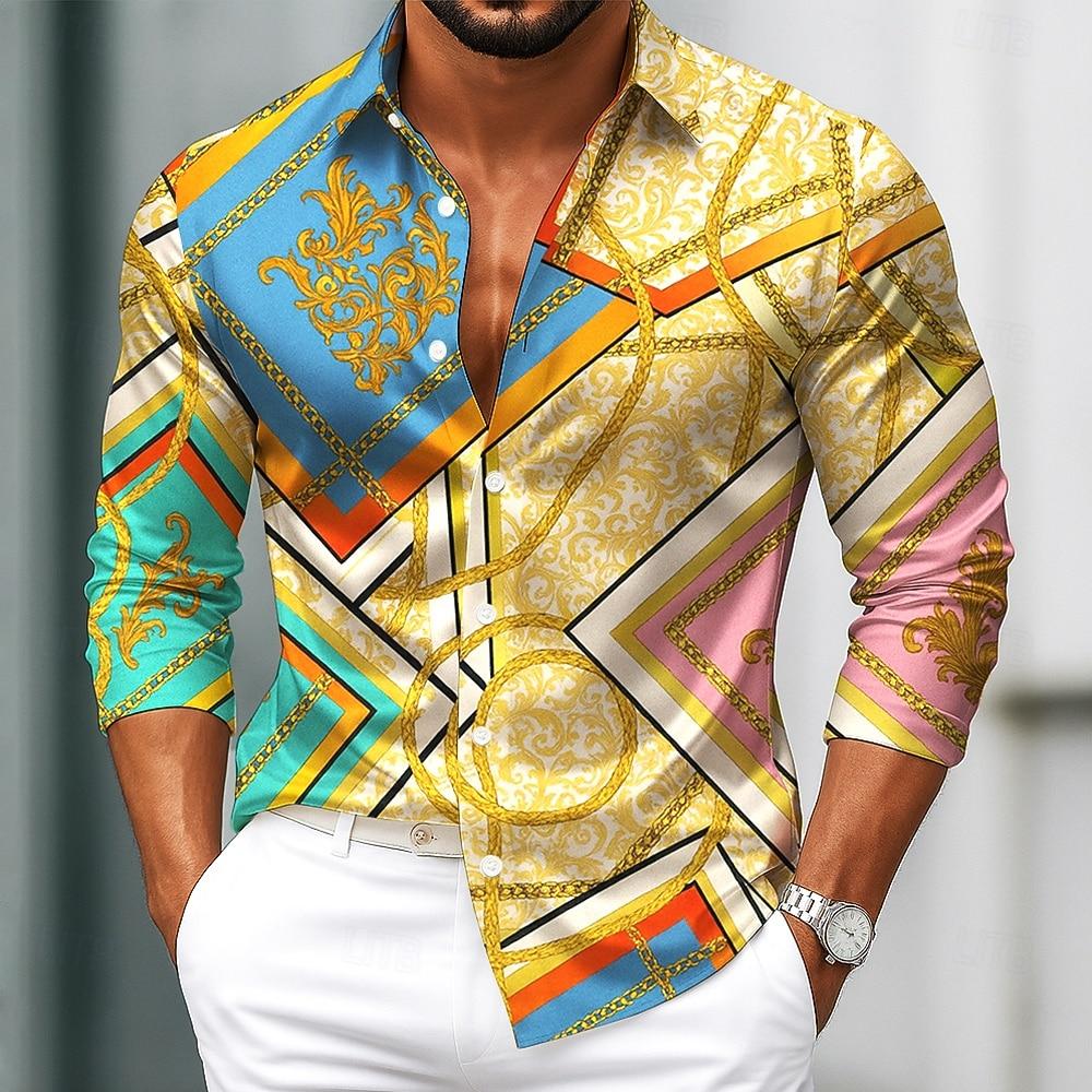 Camicia da Uomo a Maniche Lunghe Barocca Intricato Motivo Floreale Camicia Etnica Streetwear Comfort Casual Camicie in Poliestere Slim Fit
