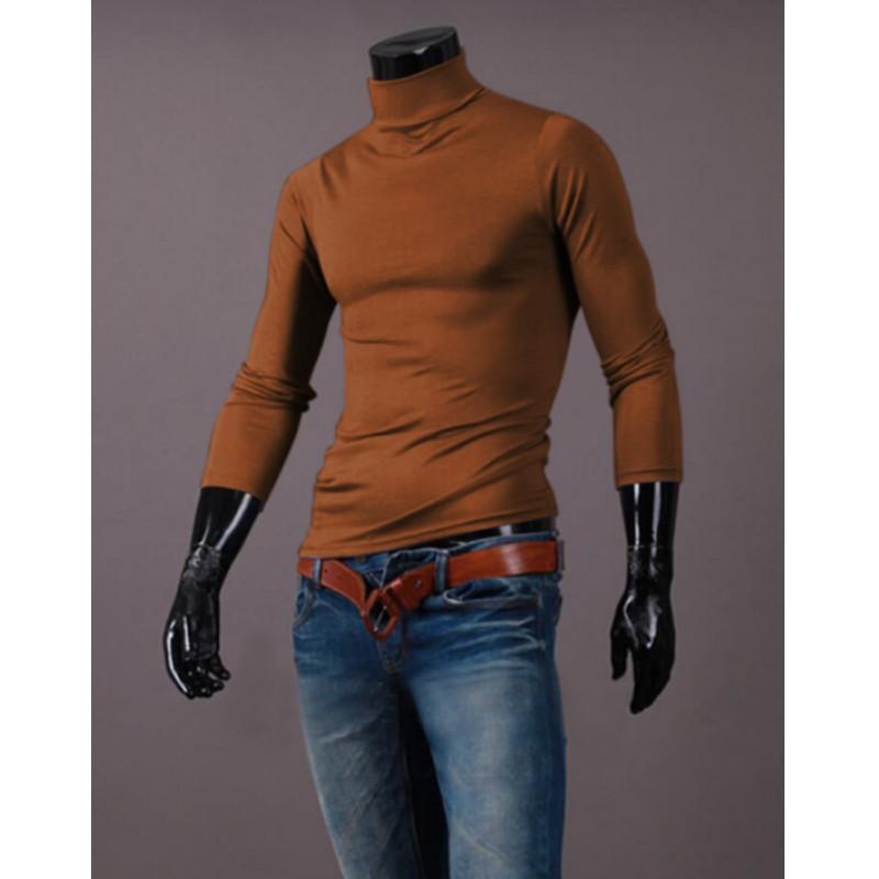 

Men s High-neck Thin Solid Color Slim Long-sleeved T-shirt Teen Simple Pullover Tops 3XL кавовий