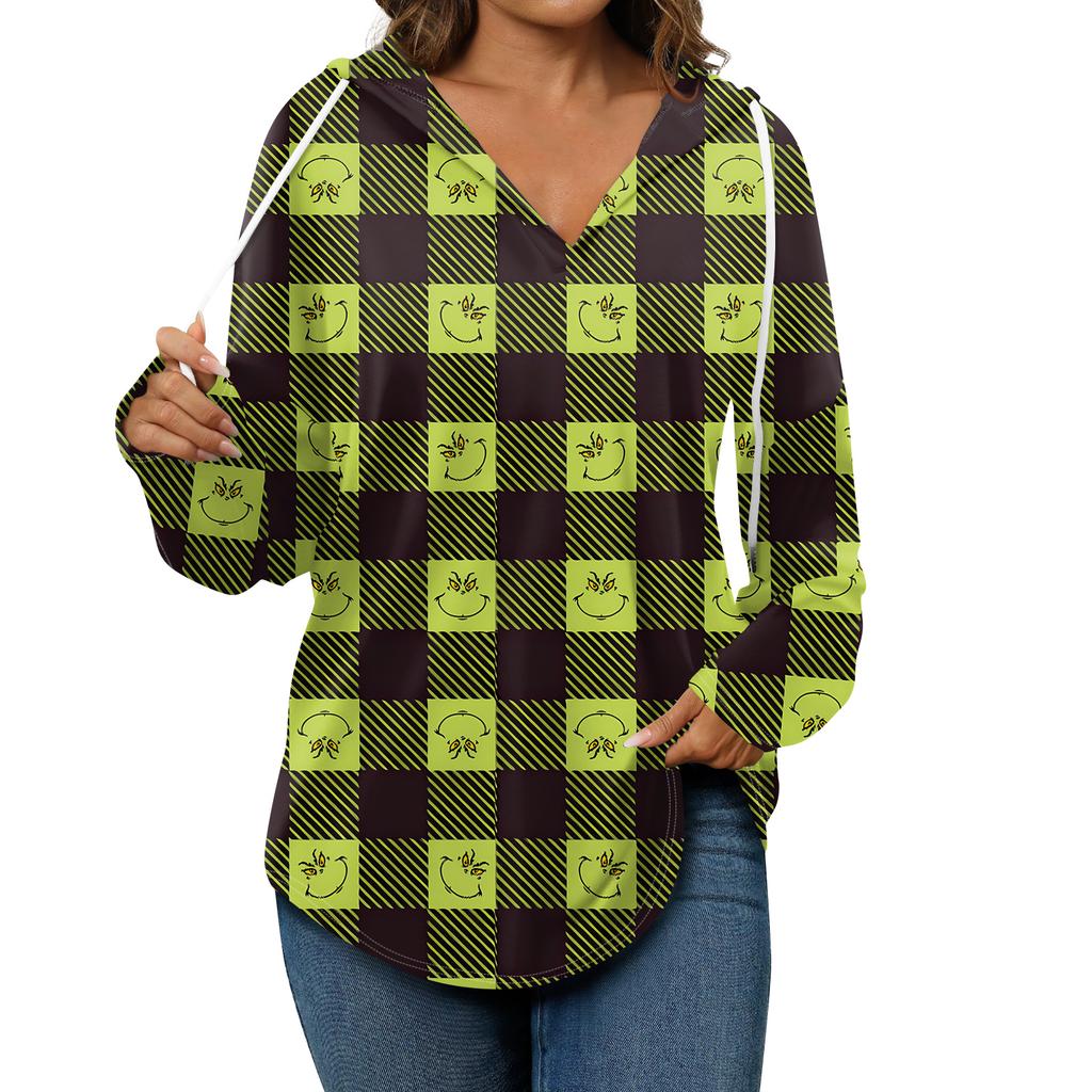 Sweats à capuche pour femmes Mode Col en V Manches longues Imprimé Noël Cordon de serrage Décontracté Ample Pullover Tops